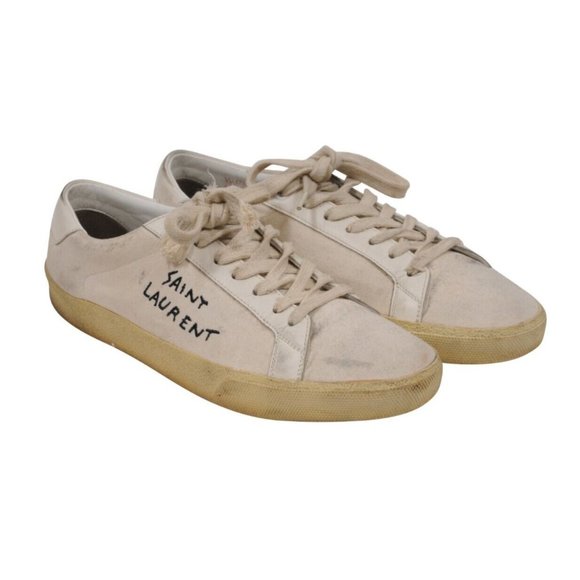 Saint Laurent Men Court Classic Sneakers US8 41  Beige White Canvas Logo Low Top - Picture 1 of 10